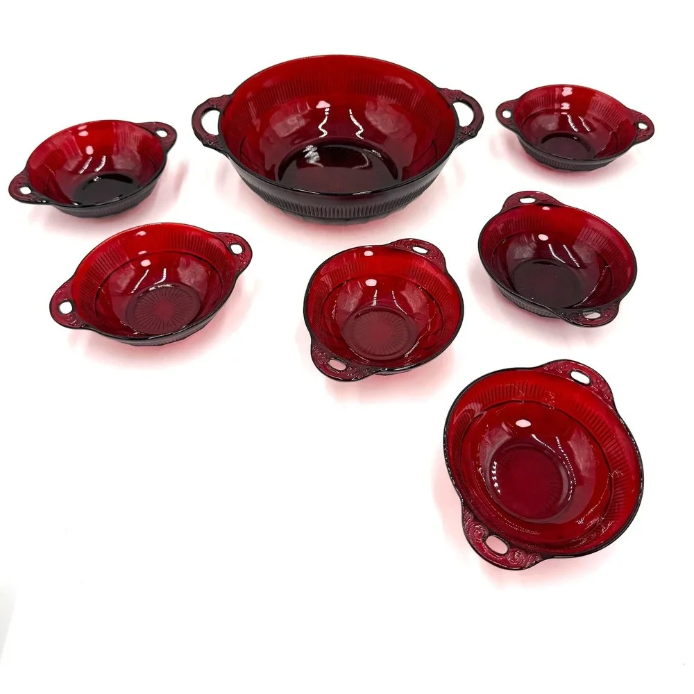 Anchor Hocking Royal Ruby Coronation Berry Bowl Set Red Glass 7pc 1930s 1940s‎
